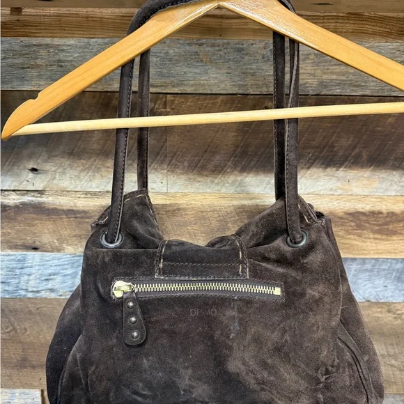 Suede Shoulder Bag with Brass Ring Accent - Brown - Picture 7 of 9
